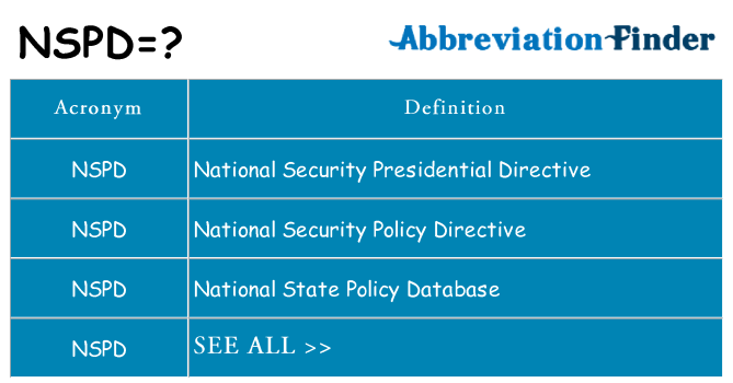 What does NSPD mean? - NSPD Definitions | Abbreviation Finder