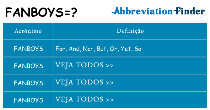 O que significa o FANBOYS? -definições de FANBOYS