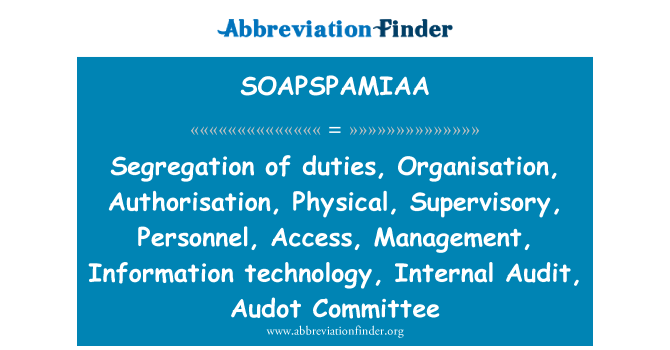 SOAPSPAMIAA: Segregāciju, nodokļu organizācija, atļauju, fiziskā, uzraudzības, personālu, piekļuves, vadības, informācijas tehnoloģiju, iekšējā audita Audot komiteja