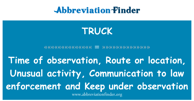 TRUCK: Amser o arsylwi, llwybr neu leoliad, gweithgarwch anarferol, cyfathrebu i orfodi'r gyfraith a chadw dan sylw
