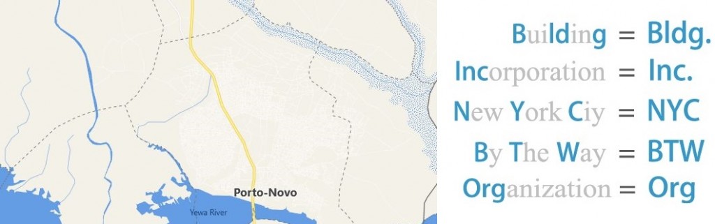Abbreviations for Porto Novo, Benin